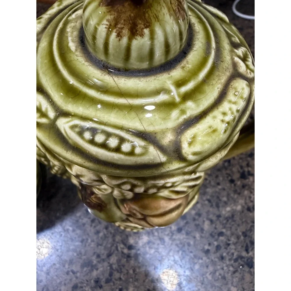 Vintage Japan Green Fruit Majolica Teapot and Instant Coffee Canister Set